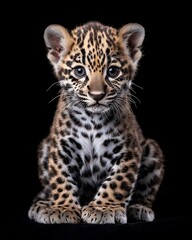 Obraz premium the baby East African Jaguar portrait view, white copy space on right, Isolated on black Background