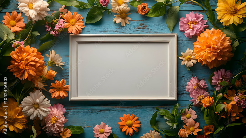 Sticker Floral arrangement with a blank frame on a blue wooden background.