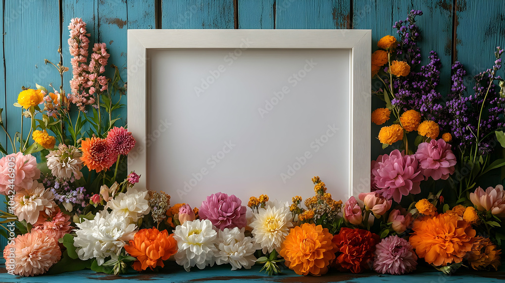 Canvas Prints A blank frame surrounded by colorful flowers on a wooden background.