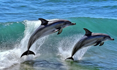 Naklejka premium two dolphins jumping out of water