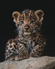 the baby Indian Leopard, portrait view, white copy space on right, Isolated on white Background