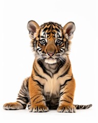 the baby Indochinese Tiger, portrait view, white copy space on right, Isolated on white Background