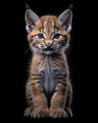 Obraz premium the baby Lynx canadensis front view, white copy space on right, Isolated on black Background
