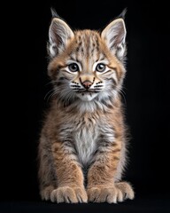 Obraz premium the baby Lynx canadensis front view, white copy space on right, Isolated on black Background