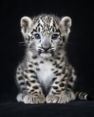 Fototapeta premium the baby Snow Leopard, portrait view, white copy space on right, Isolated on black Background