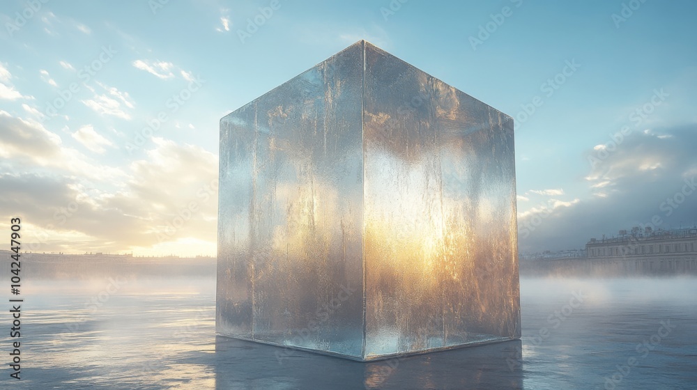 Leinwandbilder the glass cube appears illuminated by the warm hues of sunset as it floats on calm water, creating a