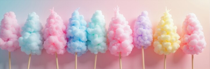 A delightful array of colorful cotton candy cones, perfect for carnival, party, or food related themes. Sweet, whimsical, and vibrant for all ages.