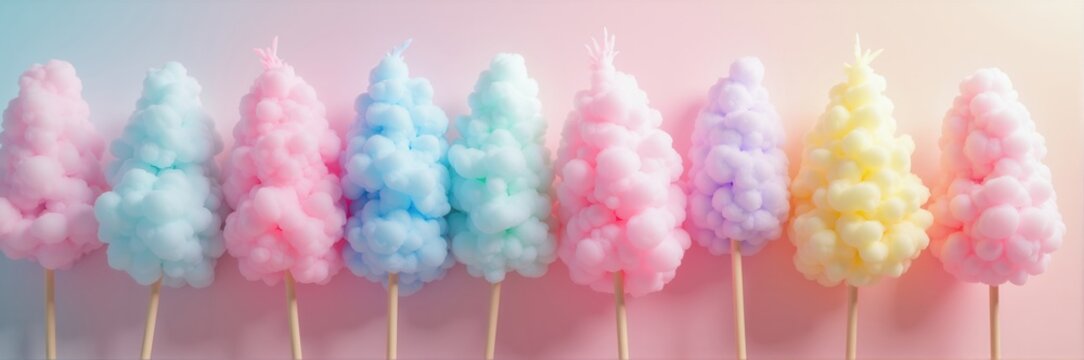 A delightful array of colorful cotton candy cones, perfect for carnival, party, or food related themes. Sweet, whimsical, and vibrant for all ages.