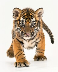 Obraz premium the baby Sumatran Tiger, portrait view, white copy space on right, Isolated on white Background