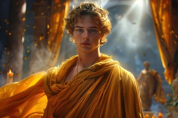 Obraz premium Apollo ancient greek and roman mythology: god of light and prophecy, also known as Phebus, revered patron of the arts and muses, healer and guide for migrants, y from mount Olympus.