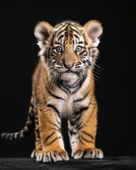 Obraz premium the baby Sumatran Tiger, portrait view, white copy space on right, Isolated on black Background