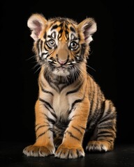 Obraz premium the baby Sumatran Tiger, portrait view, white copy space on right, Isolated on black Background