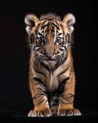 Obraz premium the baby Sumatran Tiger, portrait view, white copy space on right, Isolated on black Background