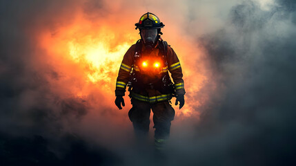 Firefighter emerging from smoke and flames, showcasing bravery.