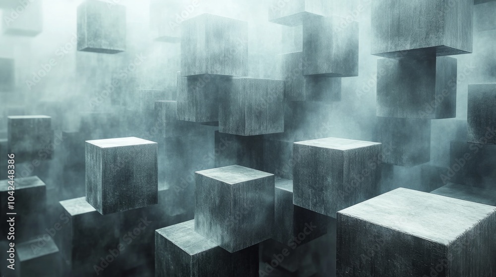Aufkleber Mysterious cubes appear to float effortlessly in a foggy environment, creating an abstract and surreal landscape that invites contemplation.