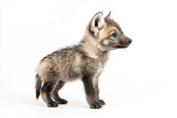 Obraz premium the beside view baby Aardwolf standing, left side view, low angle, white copy space on right, Isolated on White Background