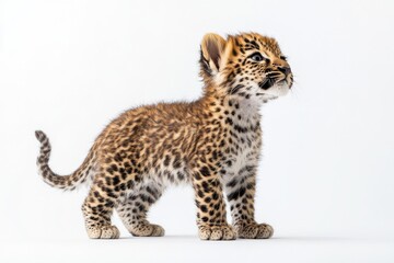 Naklejka premium the beside view baby African Leopard standing, left side view, low angle, white copy space on right, Isolated on White Background