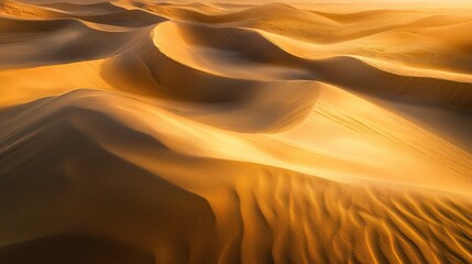 Stunning high-angle shot of sand dunes at sunset, with abstract curves and contrasting shadows creating an artistic landscape