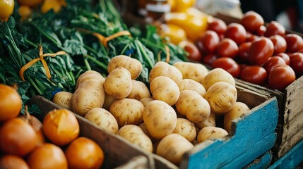 Fresh potatoes and vegetables on a farmers market display