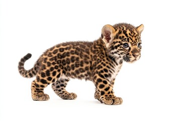 Obraz premium the beside view baby East African Jaguar standing, left side view, low angle, white copy space on right, Isolated on White Background