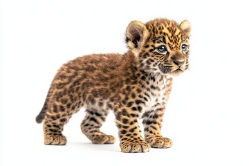 Naklejka premium the beside view baby East African Jaguar standing, left side view, low angle, white copy space on right, Isolated on White Background