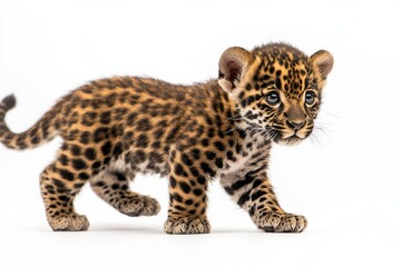 Fototapeta premium the beside view baby East African Jaguar standing, left side view, low angle, white copy space on right, Isolated on White Background