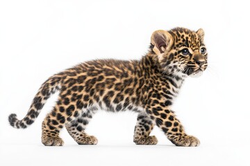 the beside view baby Indian Leopard standing, left side view, low angle, white copy space on right,...