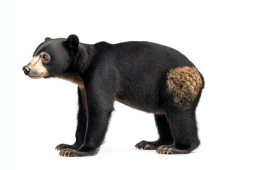 Obraz premium the beside view baby Malayan Sun Bear standing, left side view, low angle, white copy space on right, Isolated on White Background