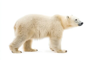 the beside view baby Polar Bear standing, left side view, low angle, white copy space on right, Isolated on White Background
