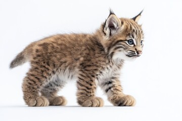 the beside view baby Lynx canadensis standing, left side view, low angle, white copy space on right, Isolated on White Background