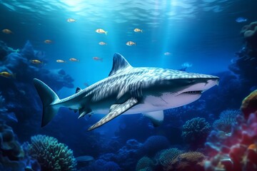 White shark swimming in the deep blue sea. 3d illustration.