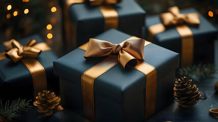 Elegant Gift Boxes with Gold Ribbons and Bows