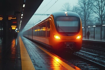 Naklejka premium Orange Train Arriving at a Station Platform on a Rainy Day