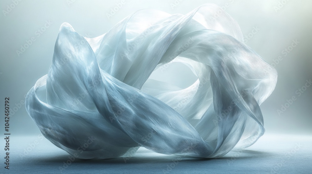 Poster A graceful swirl of translucent white fabric dances softly, illuminated by gentle light, creating a tranquil and ethereal ambiance in a simple space.
