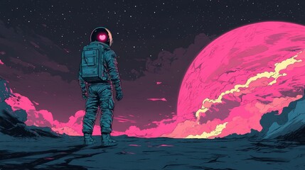 Obraz premium An astronaut stands on a desolate planet, gazing at a large, pink planet in the sky. Their helmet has a glowing heart, suggesting a sense of love or longing.