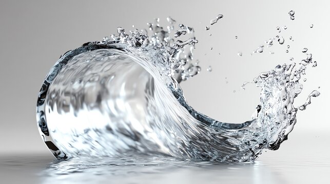 3D glass tipped over, water flowing out and scattering in a fun splash, spilled water, lively and detailed