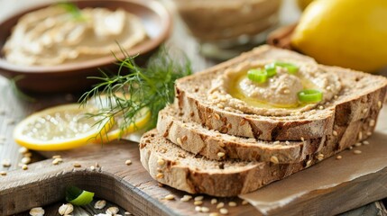 A piece of buckwheat bread sliced and spread with hummus boasting a significant amount of dietary fiber.