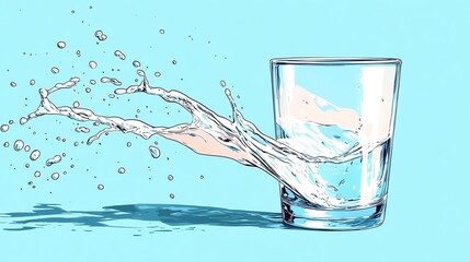 Cartoonstyle water spilling out of a tipped glass, spilled water, playful and exaggerated
