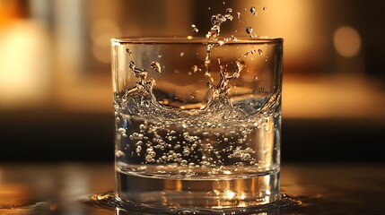Slowmotion pour of water from a glass, droplets sparkling in the light, slowmotion water, beautiful and calming