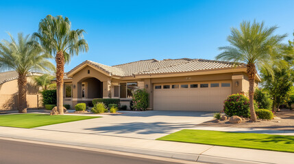 Modern two story suburban house with palm trees and green lawn in sunny weather