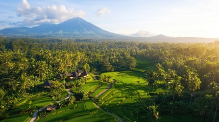 Naklejka premium Scenic Rice Terraces with Mountain Background in Bali