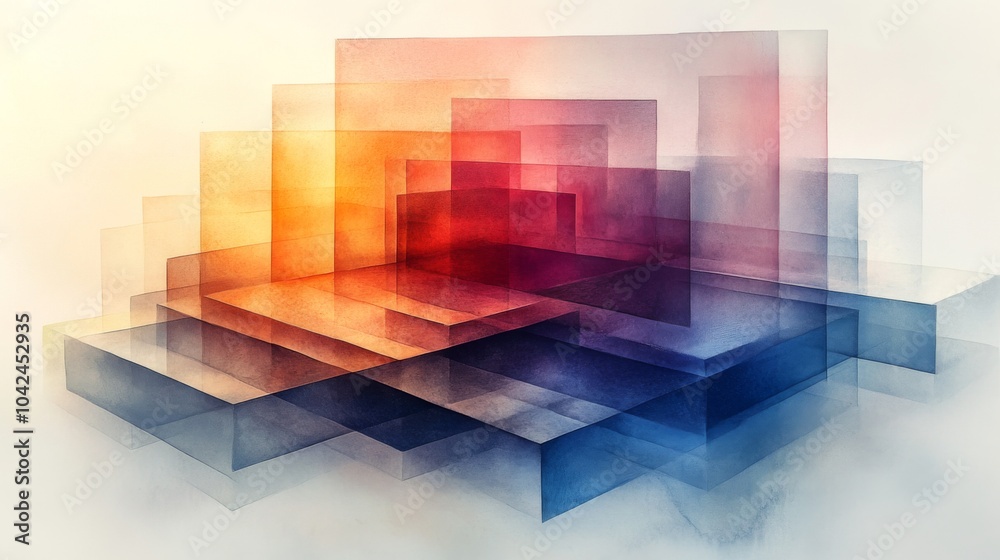 Aufkleber Translucent layers of various shapes blend together, showcasing warm reds and cool blues, creating an eye-catching abstract art piece that captivates.