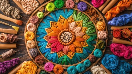 Vibrant Embroidery Art with Colorful Threads and Yarn