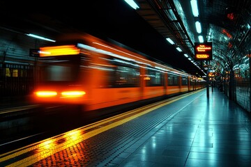 A Blurred Train Approaching a Station Platform at Night