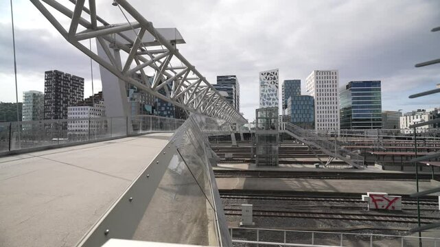 View of Akrobaten Bru bridge and the modern architecture of Barcode, Bjorvika, Oslo, Norway, Scandinavia, Europe
