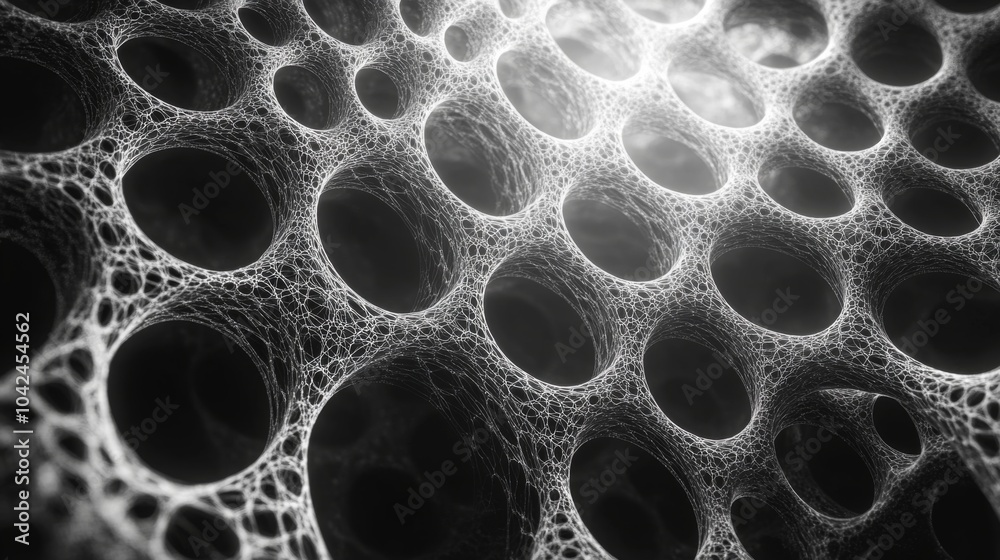 Poster A detailed close-up reveals an intricate network of mesh-like structures featuring numerous holes, creating a captivating interplay of light and shadow.