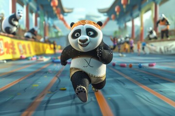 A playful panda participates in a race, its little legs moving quickly as it runs with determination. The panda’s clumsy yet energetic strides add a charming touch to the fun-filled competition.