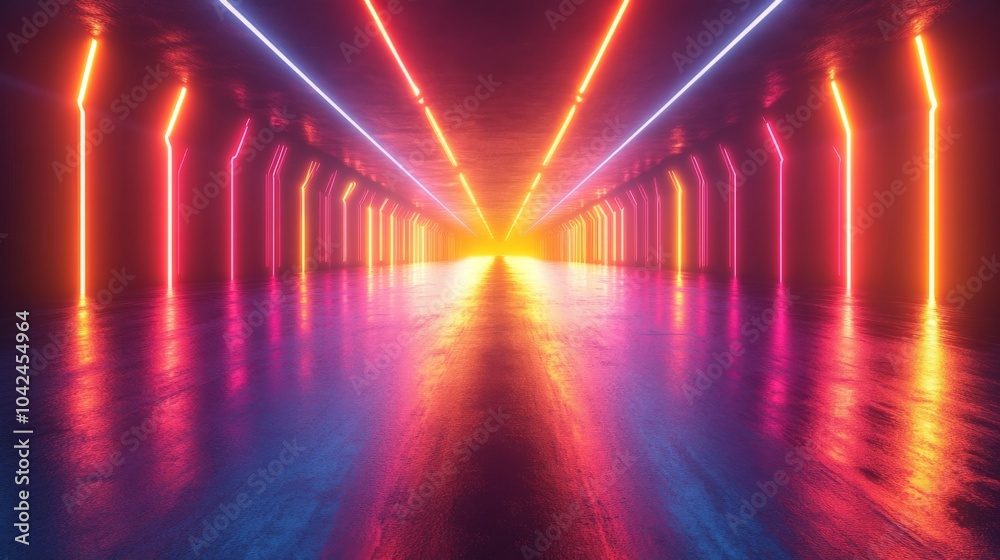 Aufkleber an immersive tunnel filled with vibrant neon lights reflects a spectrum of colors on the polished fl