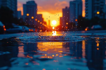 Water Droplet Splashing in a Puddle During Sunset in the City