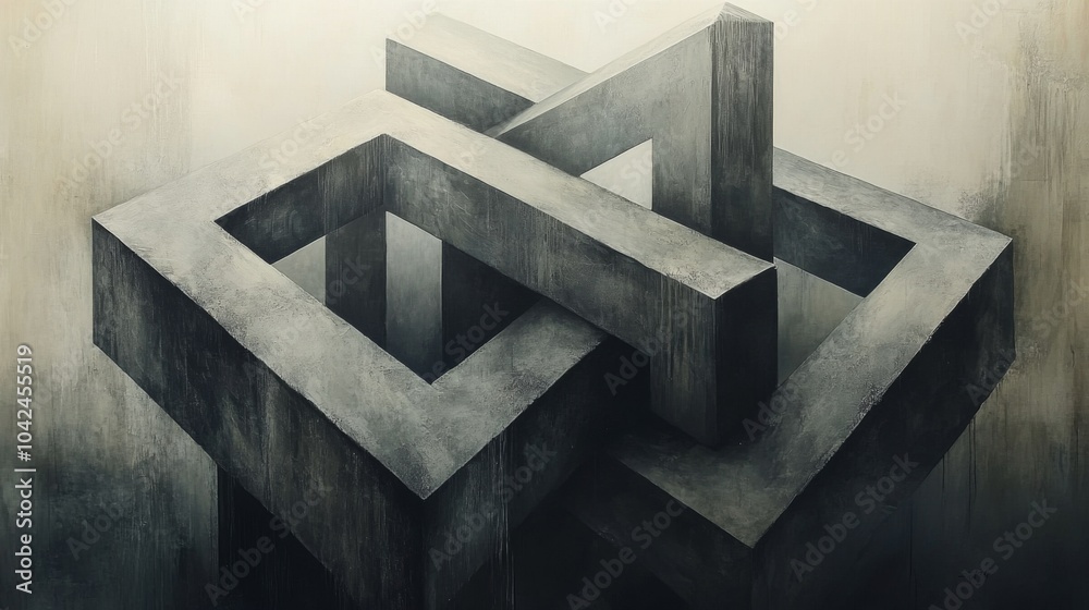 Poster A complex arrangement of interlocking gray shapes appears three-dimensional against a softly textured background, enhancing the sense of depth and intrigue in this art piece.